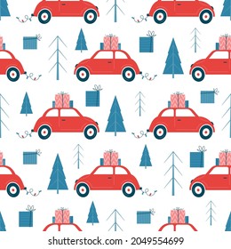 Seamless christmas pattern with christmas car in retro style. Pattern with car, christmas gifts. Isolated on white. Celebration concept. Pattern for wrapping paper, scrapbooking, wallpaper, fabric.