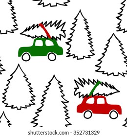 Seamless christmas pattern. Car transporting spruce