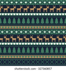 Seamless Christmas pattern, card - Scandinavian sweater style. Simple Christmas background - Xmas trees, deers, hearts and snowflakes. Happy New Year background. Vector design for winter holidays.