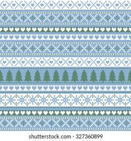 Seamless Christmas pattern, card - Scandinavian sweater style. Simple Christmas background - Xmas trees, hearts and snowflakes. Happy New Year background. Vector design for winter holidays.