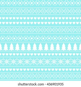 Seamless Christmas pattern, card - Scandinavian sweater style. Simple Christmas background - Xmas trees, hearts and snowflakes on blue background.  Vector design for winter holidays.