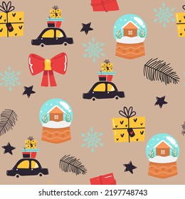 Patrón de Navidad sin problemas con caricatura de coche con bola de nieve actual. Diseño de papel envuelto. arco, presente, perfecto para invitaciones de vacaciones, tarjetas de saludo de invierno, papel pintado y papel de regalo