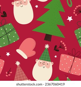 Patrón de Navidad sin inconvenientes con personajes de dibujos animados y regalos. Ilustración vectorial en estilo plano.