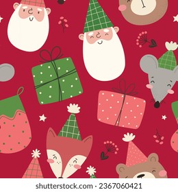 Seamless Christmas pattern with cartoon characters and gifts. Vector illustration in flat style.