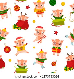 Seamless Christmas pattern with cartoon cute pigs. Design for banner, poster or print.