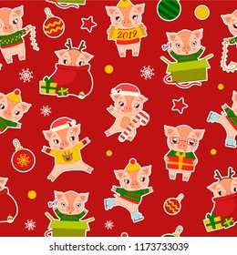Seamless Christmas pattern with cartoon cute pigs on a red background. Design for banner, poster or print.