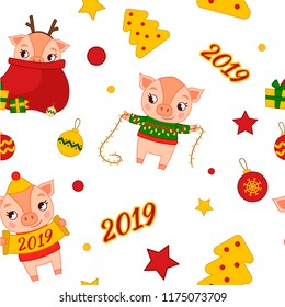 Seamless Christmas pattern with cartoon cute pigs. Design for banner, poster or print.