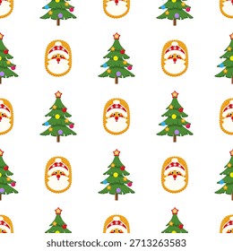 Seamless Christmas pattern with cartoon gingerbread Santa face and decorated Xmas tree on white background. Holiday winter digital paper. Editable vector illustration.