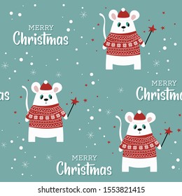 Seamless christmas pattern with cartoon mice. Vector illustration for printing on fabric and paper.