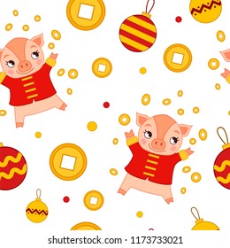 Seamless Christmas pattern with cartoon pig picks up coins
Design for banner, poster or print.