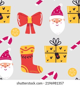 Seamless Christmas pattern with cartoon Santa Claus. Wrapping paper design. bow, present,