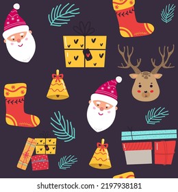 Seamless Christmas pattern with cartoon Santa Claus with deer, present. Wrapping paper design. Wrapping paper design. bow, present, Perfect for holiday invitations, greeting cards, wallpaper gift pape