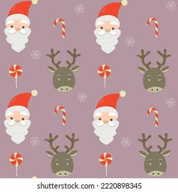 Seamless Christmas pattern with cartoon Santa and deer. Wrapping paper design.