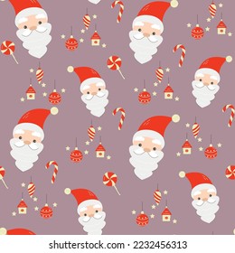 Seamless Christmas pattern with cartoon Santa and lollipops on a pink background. Wrapping paper design.