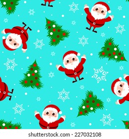 Seamless Christmas pattern with cartoon Santa Claus and Christmas tree