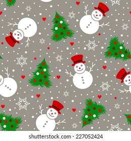 Seamless Christmas pattern with cartoon Snowman and Christmas tree
