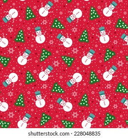 Seamless Christmas pattern with cartoon Snowman and Christmas tree
