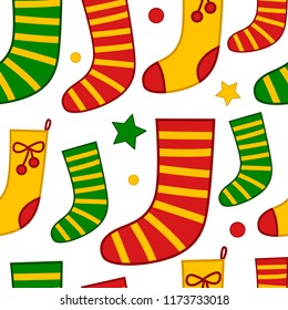 Seamless Christmas pattern with cartoon Christmas socks. Design for banner, poster or print.