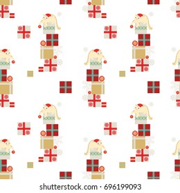 Seamless christmas pattern with cats, snowflakes, baubles and gift boxes on white background