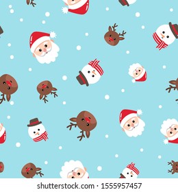 Seamless Christmas Pattern with Character Santa claus, Raindeer, Snowman, Elf, Polar Bear for Christmas Illustration in Light Blue Background with snow