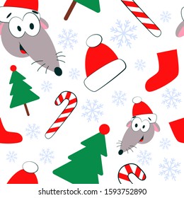 seamless christmas pattern with cheerful rat, christmas tree, candy, snowflakes, santa's red hat and shoes, without background