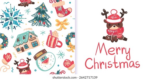 Seamless Christmas pattern in childlike crayon style. Print for cloth design, textile, fabric, wallpaper, wrapping paper. Chalk Hand drawn vector kids sketches: houses, trees, animals, gifts, snow