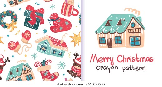 Seamless Christmas pattern in childlike crayon style. Print for cloth design, textile, fabric, wallpaper, wrapping paper. Chalk Hand drawn vector kids sketches: houses, trees, animals, gifts, snow