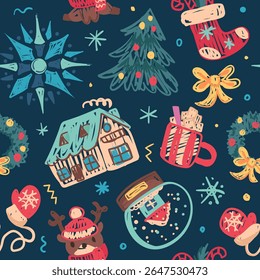 Seamless Christmas pattern in childlike crayon style. Print for cloth design, textile, fabric, wallpaper, wrapping paper. Chalk Hand drawn vector kids sketches: houses, trees, animals, gifts, snow
