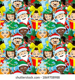 Seamless Christmas pattern with children in festive costumes on blue background.