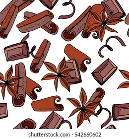 Seamless Christmas pattern with cinnamon and chocolate. Endless texture for festive design