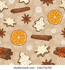 Seamless Christmas pattern with cinnamon, oranges and cookies