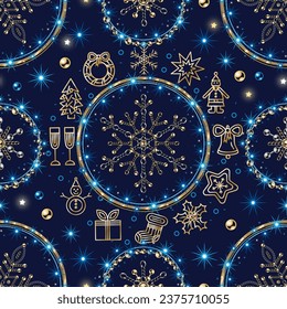 Seamless Christmas pattern with circular patterns with outline icons of Christmas objects, festive garland, blue lights, stars, sparkles, snowflakes made of jewelry gold chains.