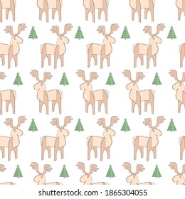 Seamless Christmas pattern with a collapsible children's toy Elk and green Christmas tree isolated on a white background. Vector illustration for design decoration of the site for the New Year