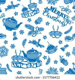 Seamless christmas pattern. Collection of Cozy Hygge Christmas illustrations. Vector paper art and craft style. Christmas Dessert. Rustic Cozy Teapot with a cup. 