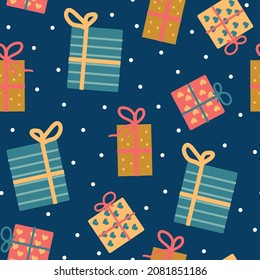 seamless Christmas pattern. Colored gift boxes with bows. Dark blue background . vector texture. trendy print for textiles, wallpaper and packaging.