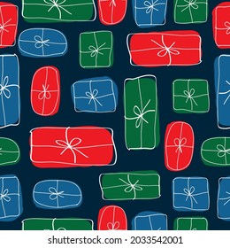 Patrón de Navidad sin inconvenientes. regalos navideños de colores en un fondo azul oscuro. textura vectorial. una impresión de moda para textiles, papel pintado y embalajes.