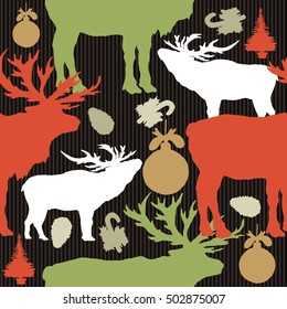 Seamless christmas pattern, colored silhouettes of reindeer, balls, fir tree christmas background hand drawn vector