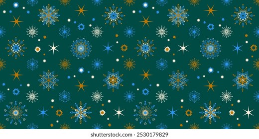Patrón de Navidades sin costuras. Copos de nieve de colores y estrellas sobre un fondo verde.