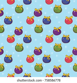 Seamless Christmas pattern with colored Christmas tree toys on a blue background.