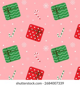 Patrón de Navidades sin fisuras con coloridas cajas de regalo en rojo y verde, bastones de caramelo y copos de nieve blancos aislados sobre fondo rojo claro. Fondo de pantalla de ilustración gráfica de Vector.