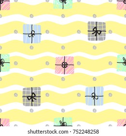 seamless christmas pattern with colorful gift box and silver dot glitter on yellow stripe background