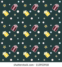 Seamless Christmas pattern, colorful gifts, stars and snowflakes on dark background.