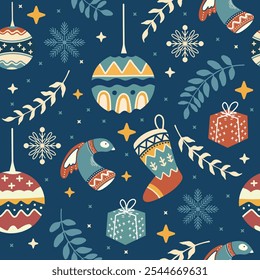 Seamless Christmas pattern with colorful ornaments, stockings, snowflakes, and gift boxes on a dark blue background. Ideal for holiday designs, wrapping paper, and seasonal decor.