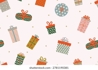 Seamless Christmas pattern with colorful wrapped gift boxes, ribbons, and small gold dots on a light pink background. Festive holiday backdrop texture for winter celebration wrap paper.
