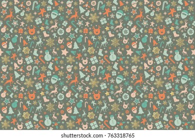 Seamless Christmas pattern with colourful decoration. Vector.
