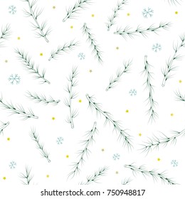 Seamless Christmas pattern with conifer branches, stars and snowflakes