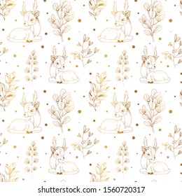 Seamless christmas pattern consists of berries, floral, anemone, snow branches and cute elegant deer.  Hand-drawn gold vector pattern on Blue background. Fabric pattern design