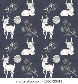 Seamless christmas pattern consists of cone, branches and two cute elegant deer.  Hand-drawn gold vector pattern on Blue background. Fabric pattern design