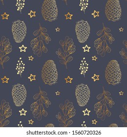 Seamless christmas pattern consists of cone, berries, mistletoe branches and stars. Hand-drawn gold vector pattern on Blue background. Fabric pattern design