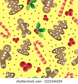 Seamless Christmas pattern. Pattern with cookies, sweets, mistletoe. All elements are isolated
